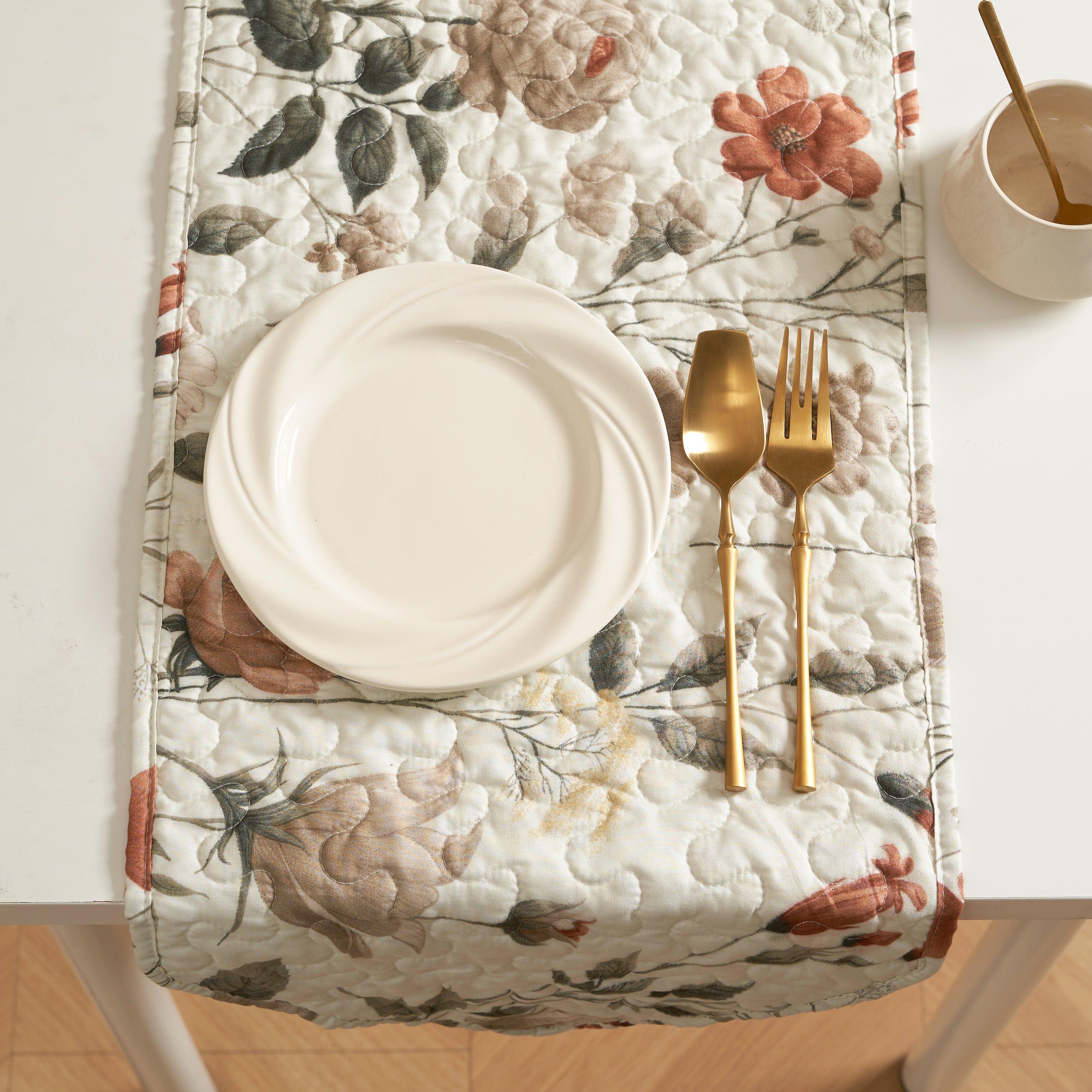 DaDalogy Enchanted Meadow Reversible Dinner Table Runner - Floral Elegance in Beige, Rose, and Soft Olive Green, Premium Soft Microfiber Quilted Table Runner DaDalogy Bedding Collection