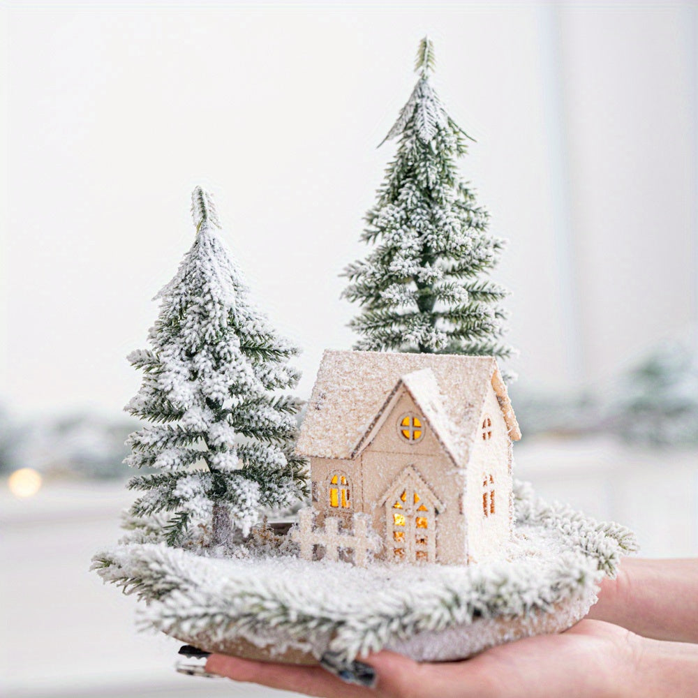 Mini Artificial Christmas Tree and House Set with Glowing Lights - Round Base, Battery-Powered, Ideal for Holiday Decorations, Winter Season, Christmas Tree Decorations, Best for Christmas, Perfect for Thanksgiving House Of Avana