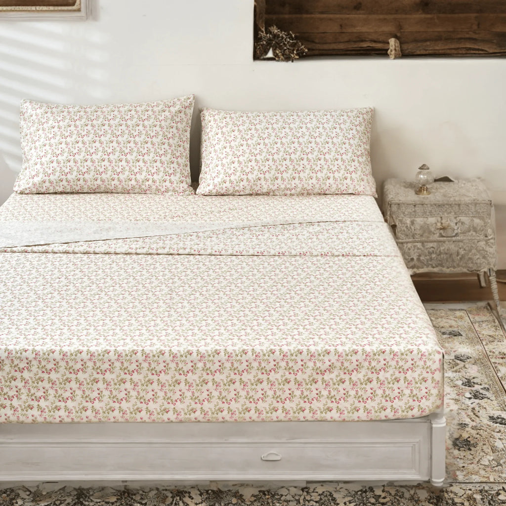 DaDa Bedding Collection Romantic Coquette Sheet Set - 100% Cotton [ Poplin Cotton ] Floral Fitted & Flat Sheets with Pillowcases - Deep Pocket Design - Soft, Breathable, Wrinkle-Resistant DaDalogy Bedding Collection