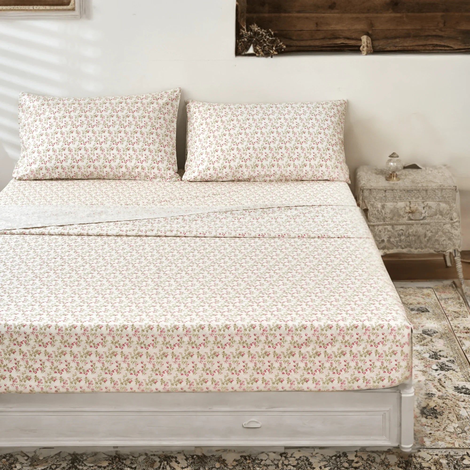 DaDa Bedding Collection Romantic Coquette Sheet Set - 100% Cotton [ Poplin Cotton ] Floral Fitted & Flat Sheets with Pillowcases - Deep Pocket Design - Soft, Breathable, Wrinkle-Resistant DaDalogy Bedding Collection