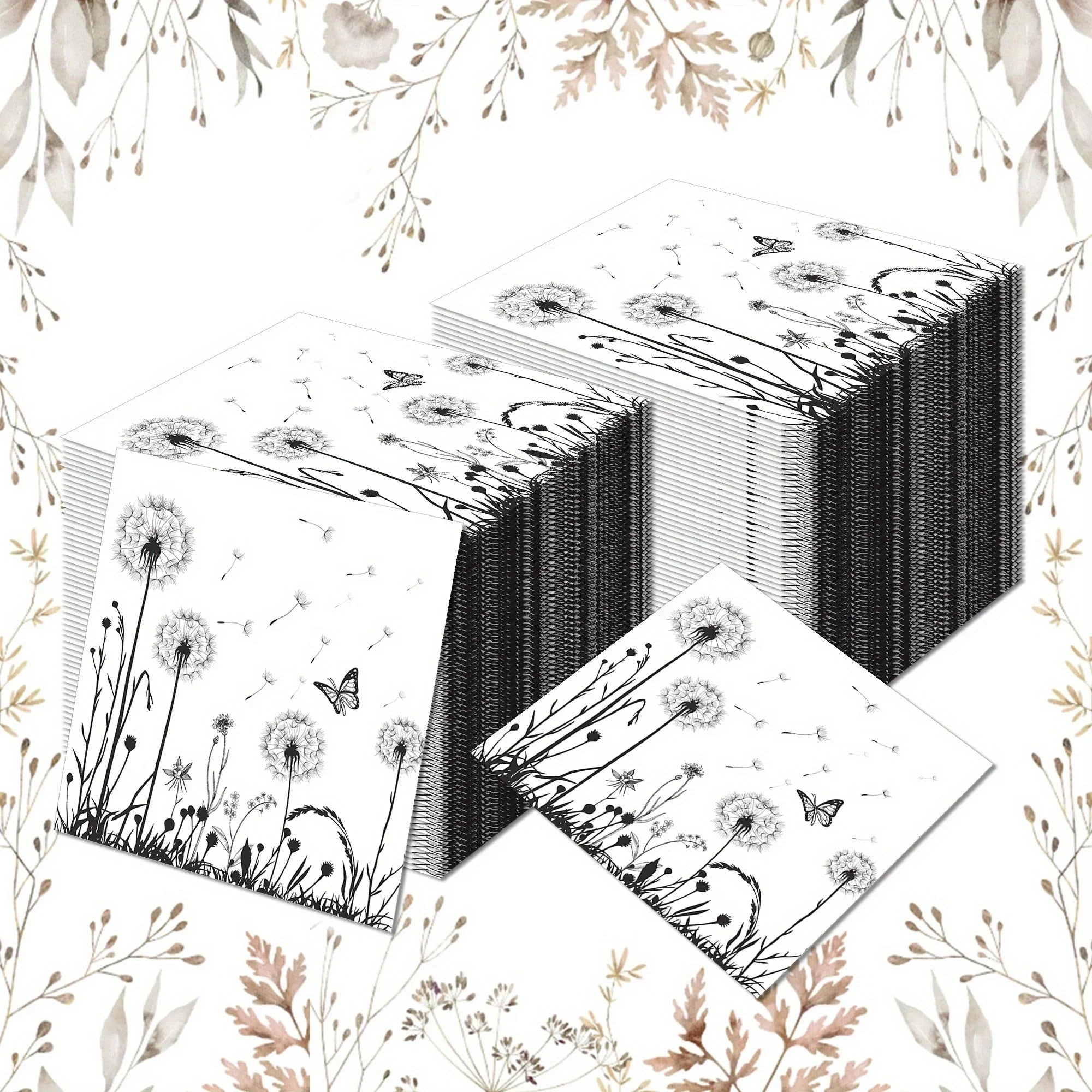 100-Pack White & Black Dandelion Biodegradable Napkins - 6.5"x6.5" - House Of Avana