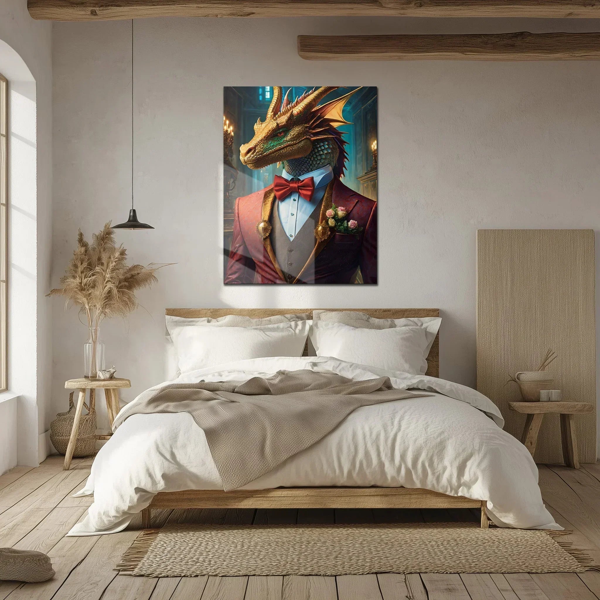 Dapper Dragon Gentleman Glass Wall Art – Fantasy Beast in Elegant Red Suit-KAFCD011 Peony Atelier