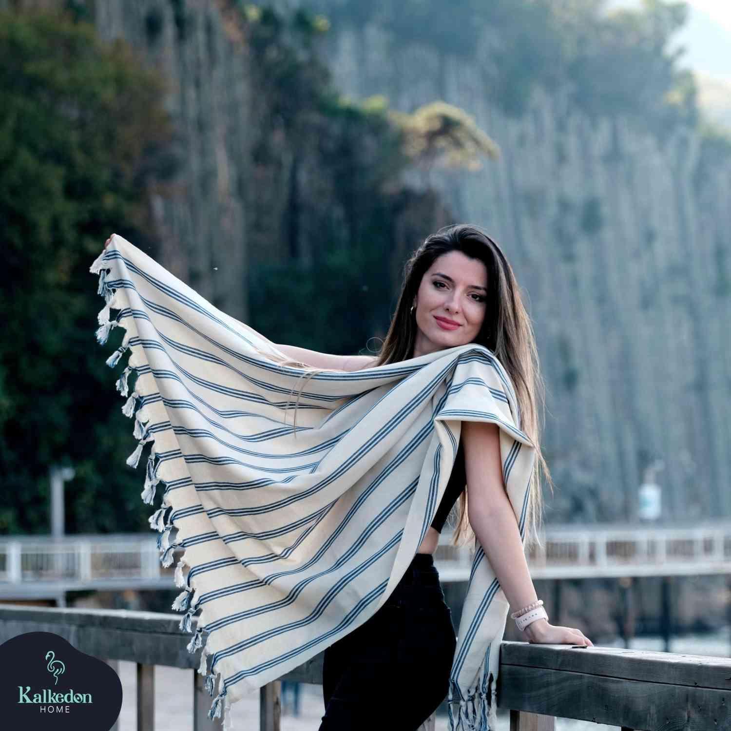 Dark Blue Striped Handwoven Turkish Towel