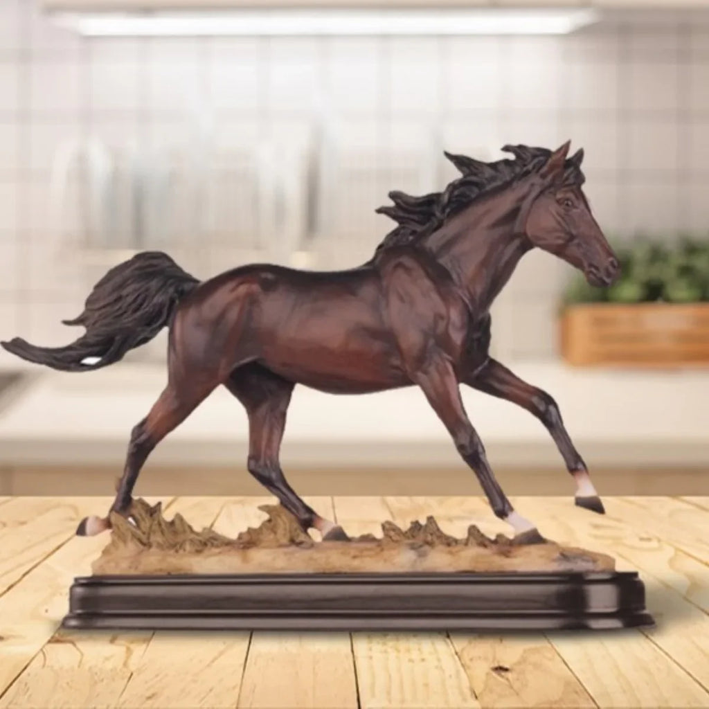 Dark brown horse statue, galloping figurine, bronze finish - House of Avana