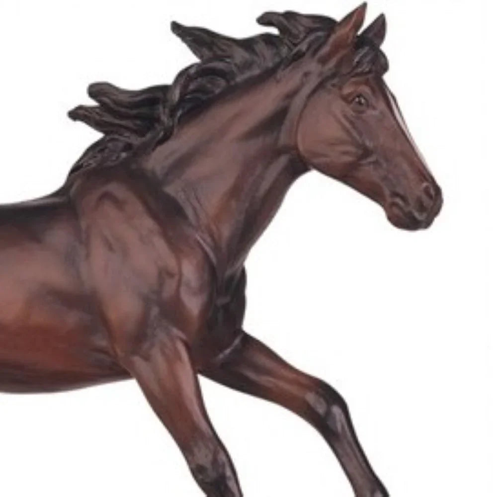 Dark brown galloping horse statue, metallic finish, dynamic pose - House of Avana