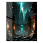 Dark Fantasy Fortress UV Glass Wall Art – Mysterious Warrior in Ancient Alien Ruins-KAFCD070 Peony Atelier