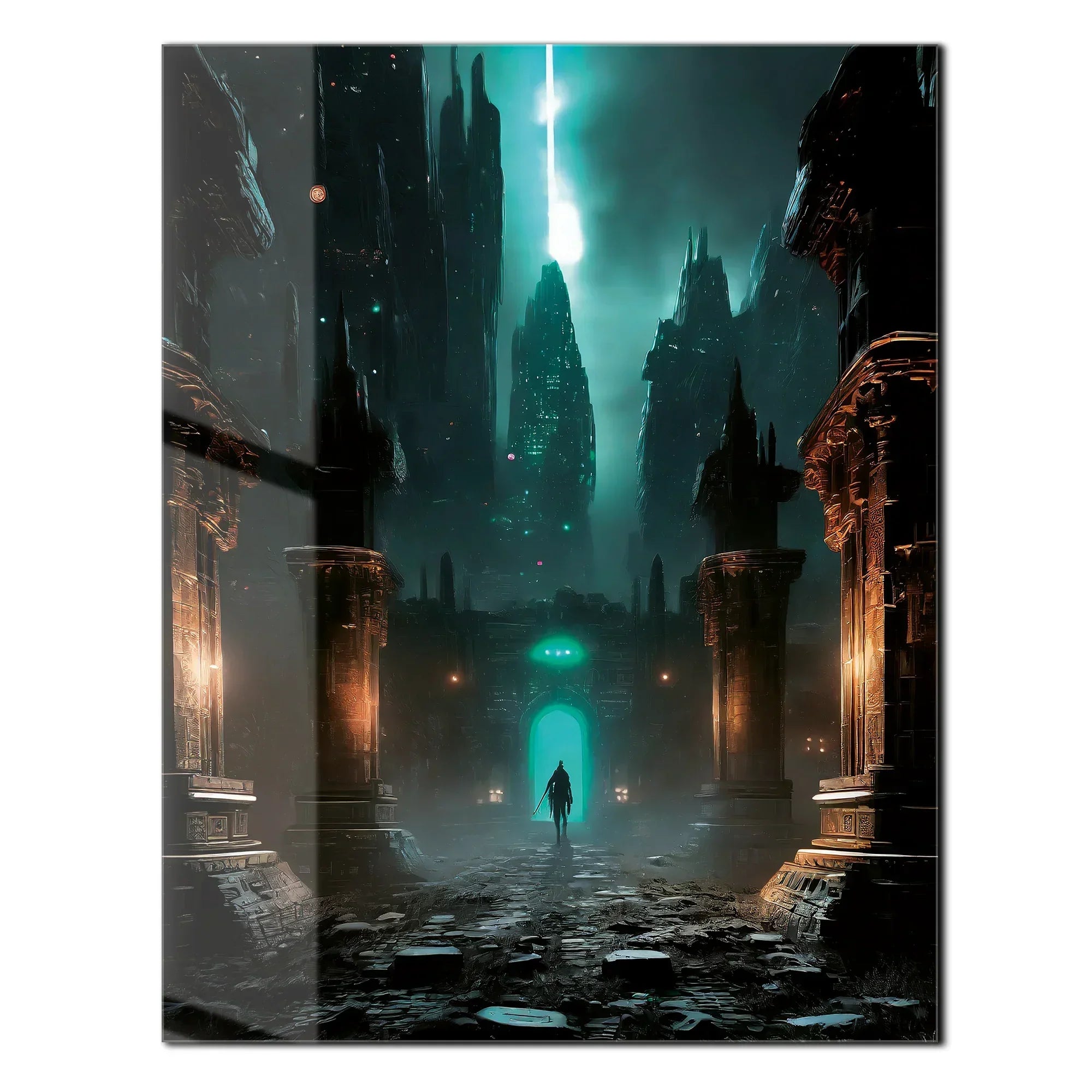 Dark Fantasy Fortress UV Glass Wall Art – Mysterious Warrior in Ancient Alien Ruins-KAFCD070 Peony Atelier