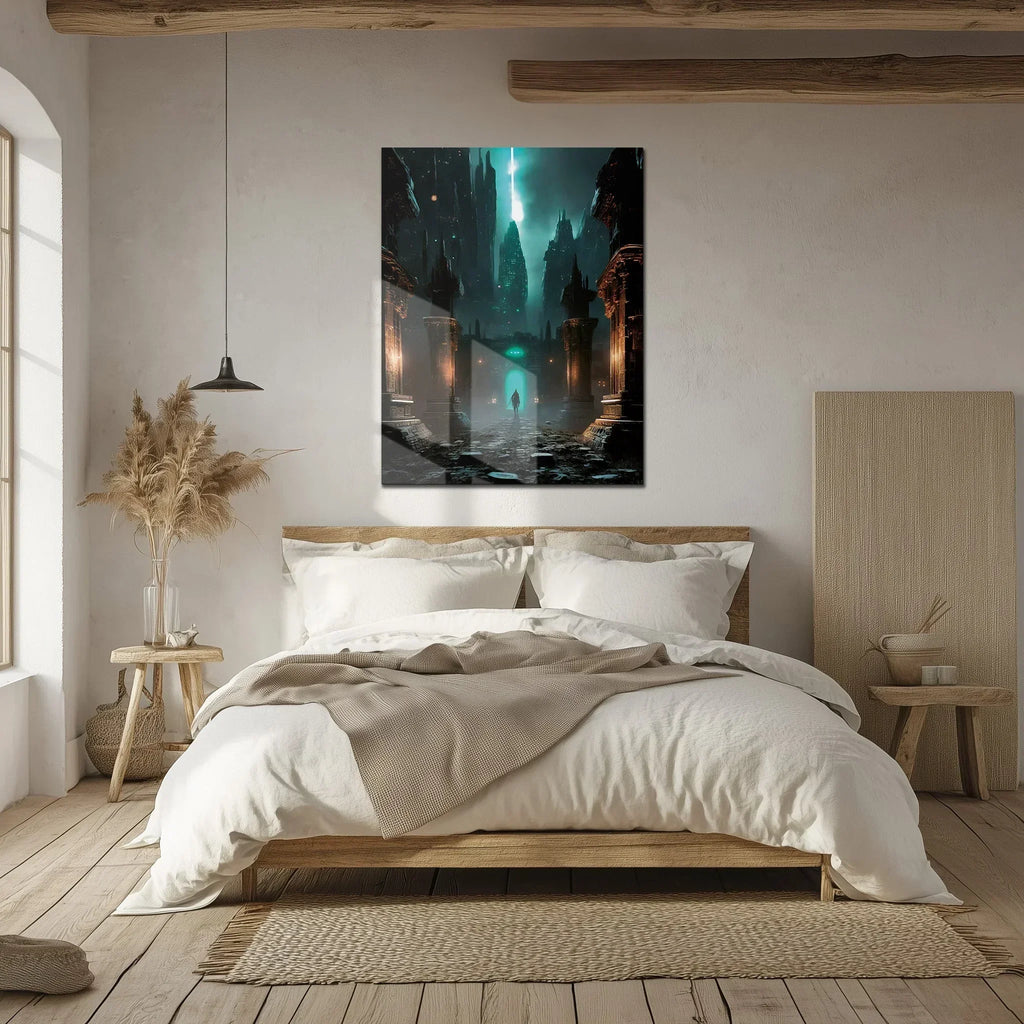 Dark Fantasy Fortress UV Glass Wall Art – Mysterious Warrior in Ancient Alien Ruins-KAFCD070 Peony Atelier