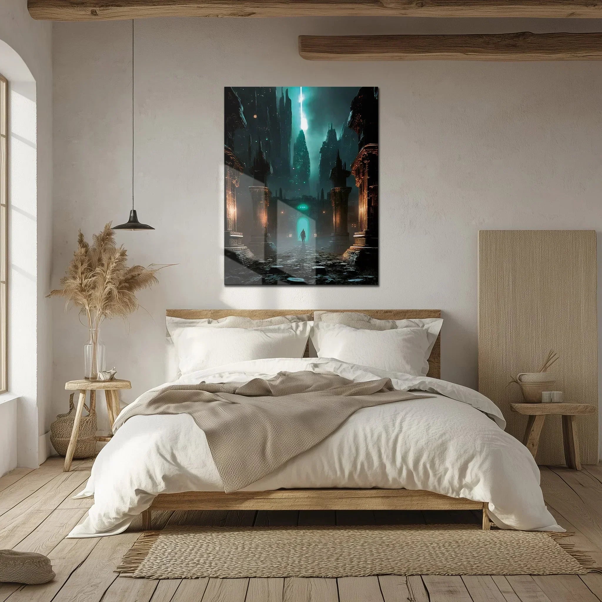 Dark Fantasy Fortress UV Glass Wall Art – Mysterious Warrior in Ancient Alien Ruins-KAFCD070 Peony Atelier