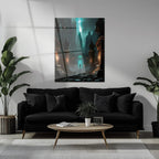 Dark Fantasy Fortress UV Glass Wall Art – Mysterious Warrior in Ancient Alien Ruins-KAFCD070 Peony Atelier