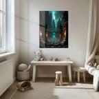 Dark Fantasy Fortress UV Glass Wall Art – Mysterious Warrior in Ancient Alien Ruins-KAFCD070 Peony Atelier