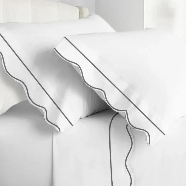 400TC Cotton Scallop Embroidery & Border Sateen Solid Sheet Set PushpLinen