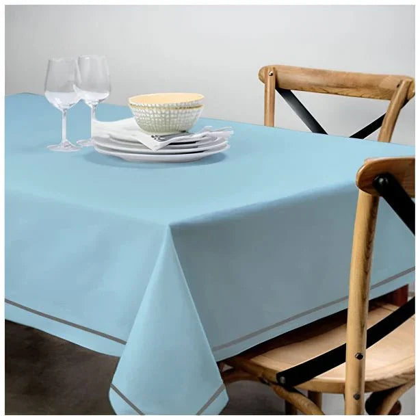 Single Embroidery Border Sateen Cotton Solid Table Cloth - Light Blue PushpLinen