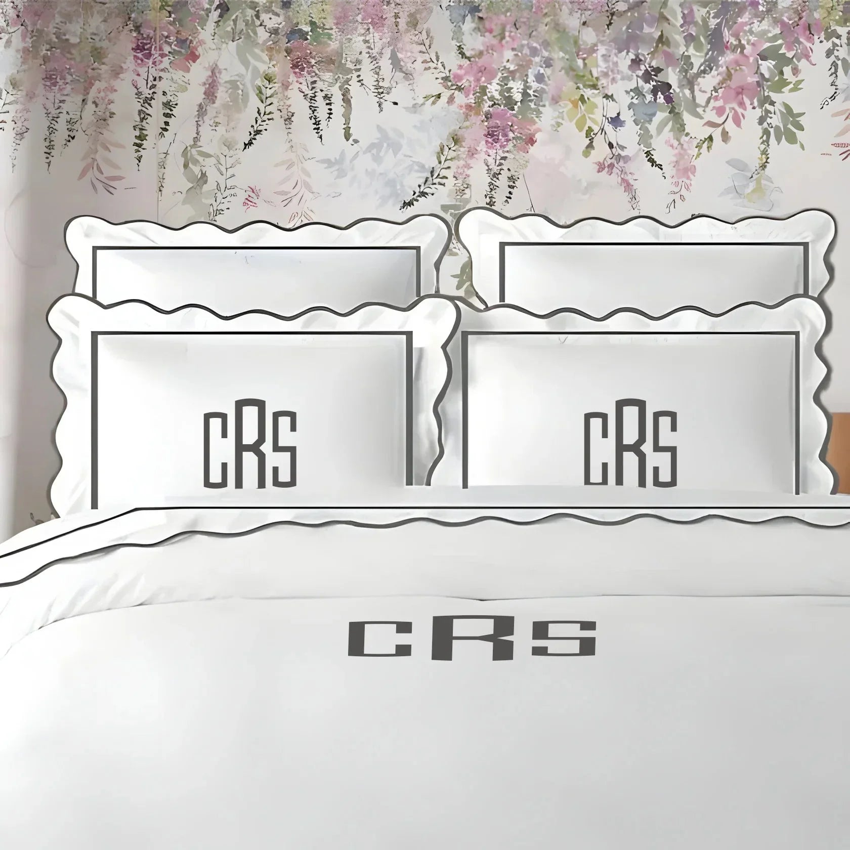 Monogram 400TC Cotton Scallop Embroidery & Border Sateen Solid Duvet Cover Set PushpLinen