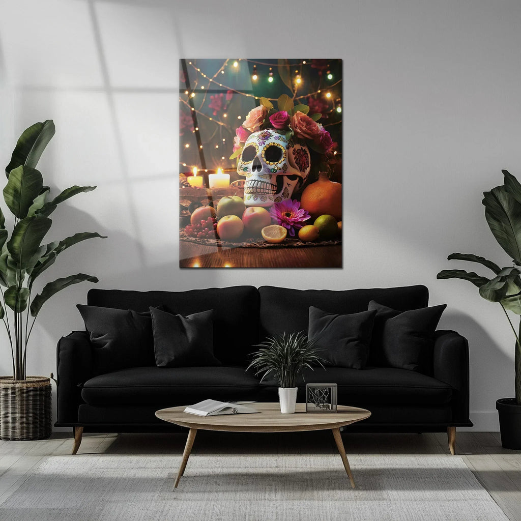 Day of the Dead Skull Glass Wall Art – UV Printed Floral Calavera Decor-KAFCD062 Peony Atelier