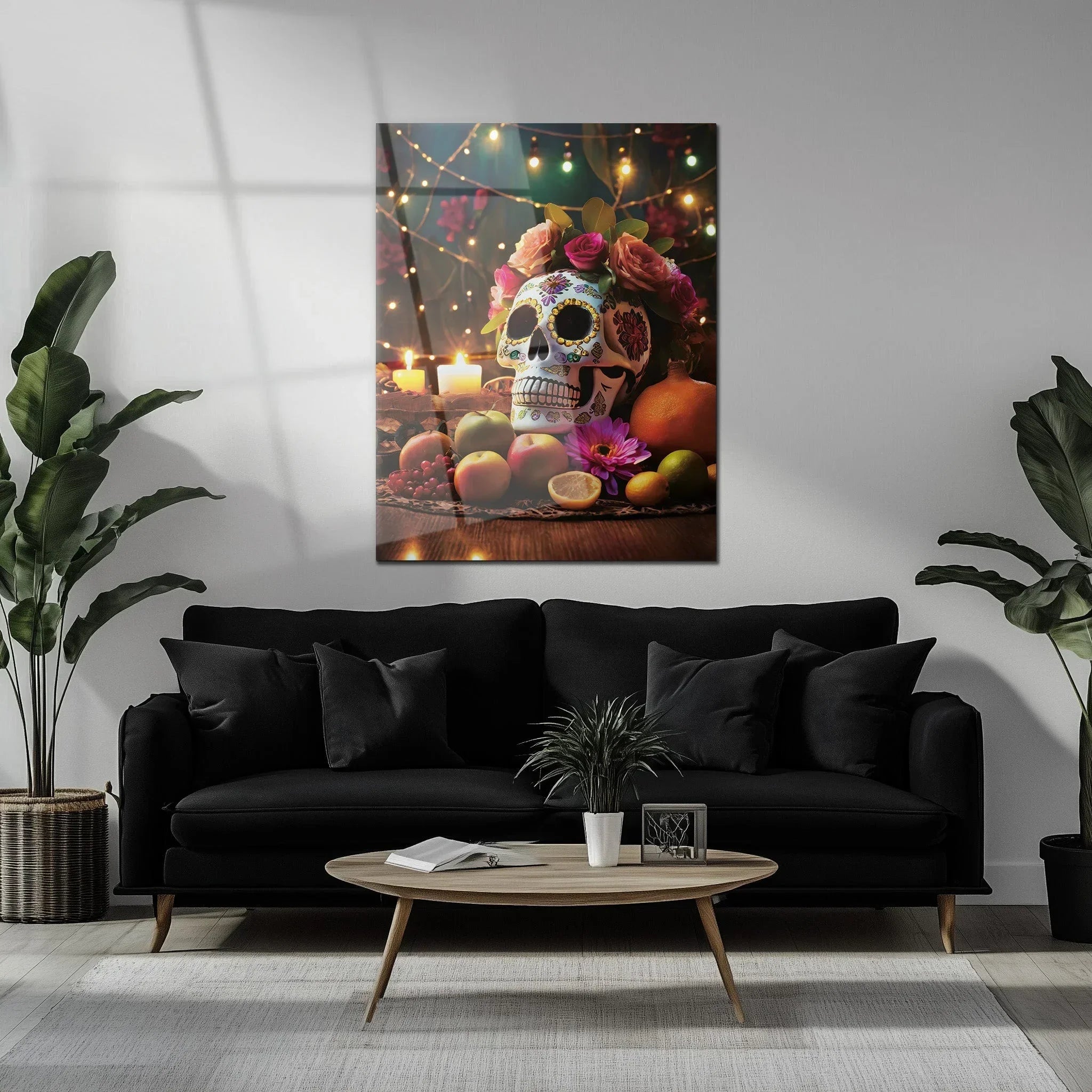 Day of the Dead Skull Glass Wall Art – UV Printed Floral Calavera Decor-KAFCD062 Peony Atelier