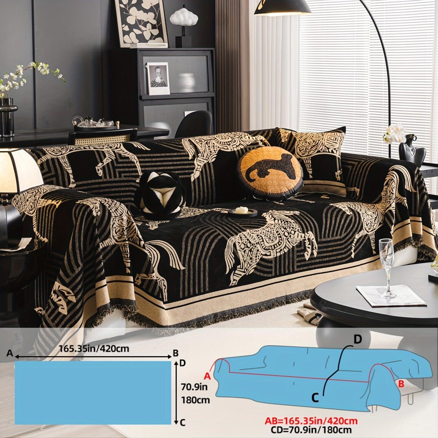 Luxurious Chenille Horse Design Sofa Cover Decor in Orange & Green topspet