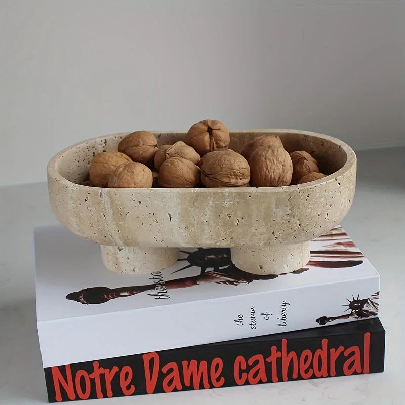 Elegant Bohemian Style Stone Serving Tray with Walnuts - Natural Stone Multi-Functional Fruit and Dessert Display for Living Room or Dining Area Decor, Dessert Presentation | Bohemian Style | Stone Construction, Trays for Ser House Of Avana