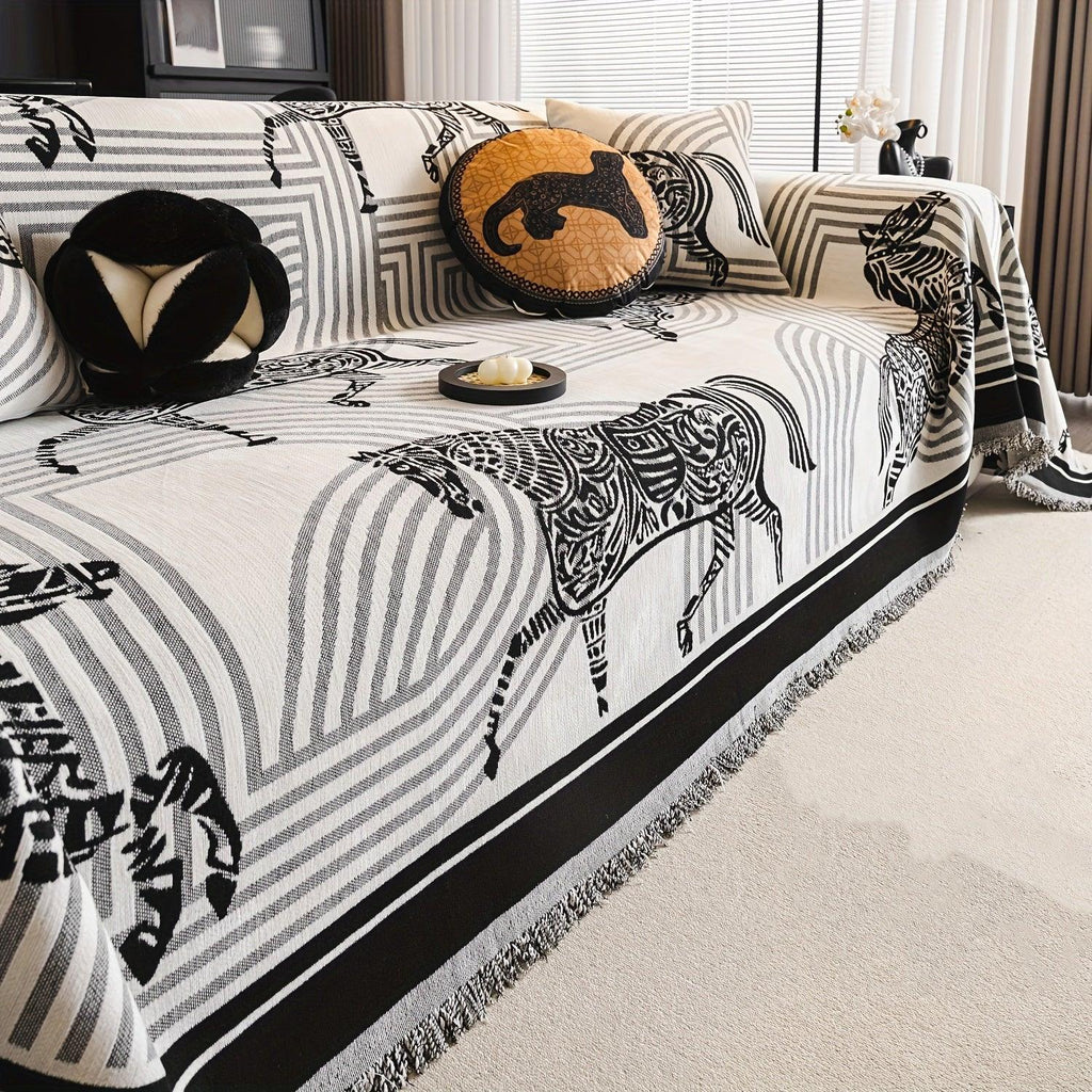 Luxurious Chenille Horse Design Sofa Cover Decor in Orange & Green topspet