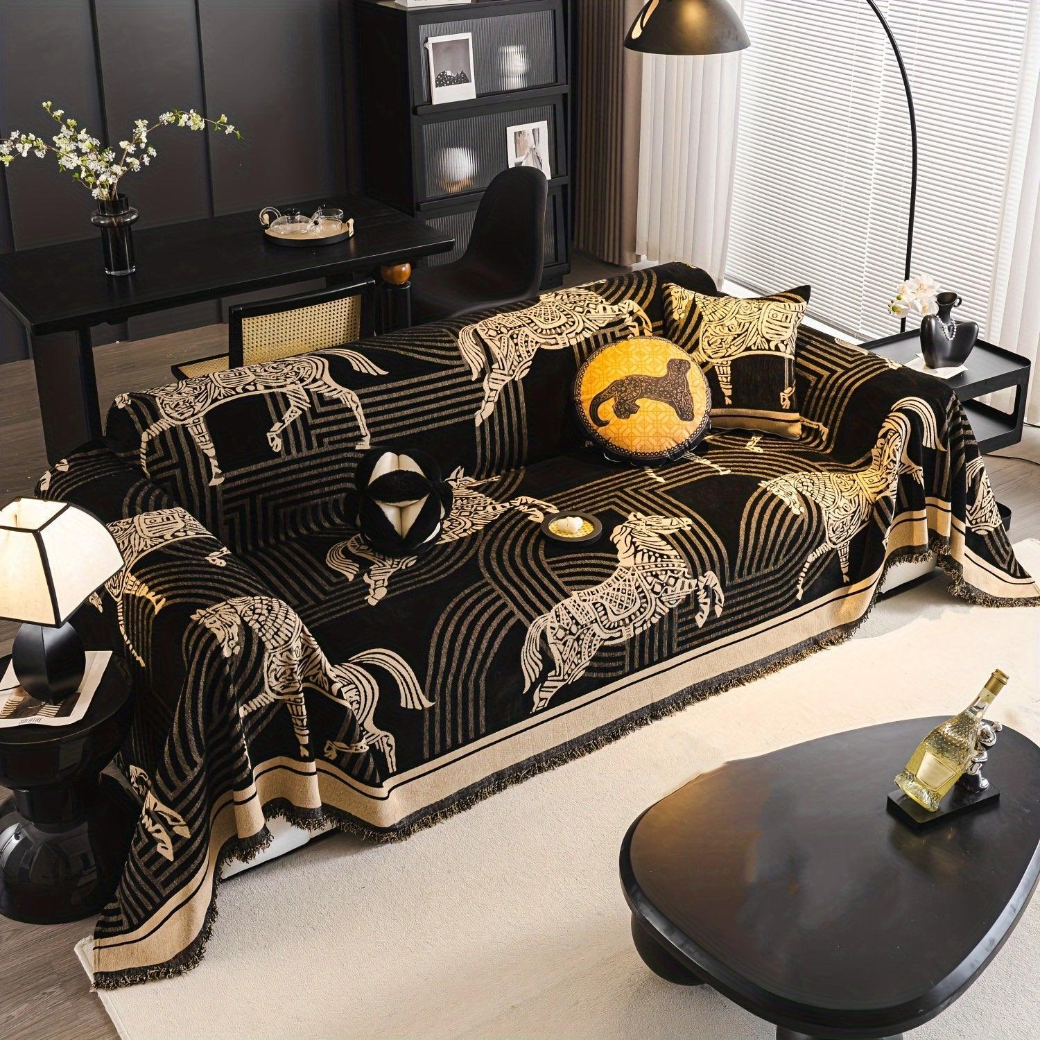 Luxurious Chenille Horse Design Sofa Cover Decor in Orange & Green topspet