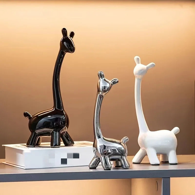 S/set, Ceramic Giraffe Figurines, Decorative Animal Sculptures, Contemporary Home Decor, Glossy Finish... - House Of Avana