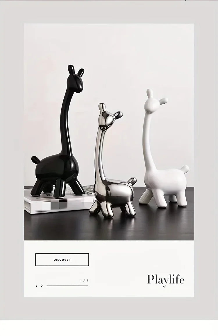 S/set, Ceramic Giraffe Figurines, Decorative Animal Sculptures, Contemporary Home Decor, Glossy Finish... - House Of Avana