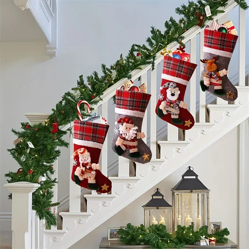 Boho Cotton Christmas Stockings Set of 4, Festive Xmas Hanging Sock Decorations Featuring Santa,... - House Of Avana