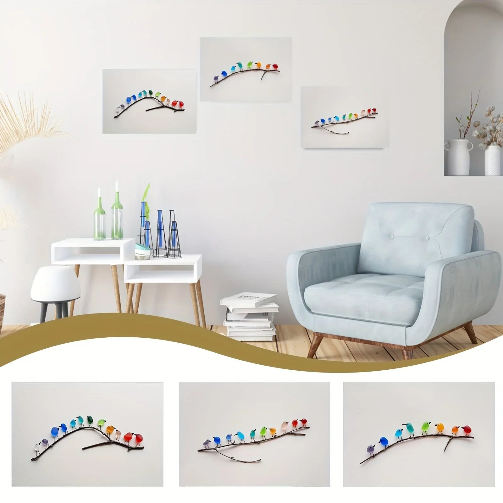 Sea Glass Rainbow Birds Art Handmade Branch Decor, back view - House Of Avana