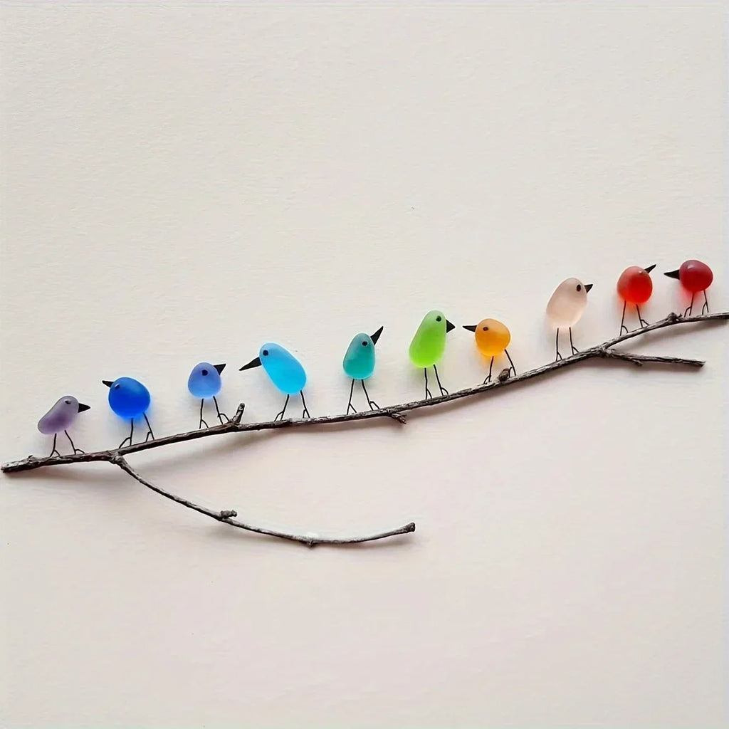 Sea Glass Rainbow Birds Art Handmade Branch Decor, front view - House Of Avana