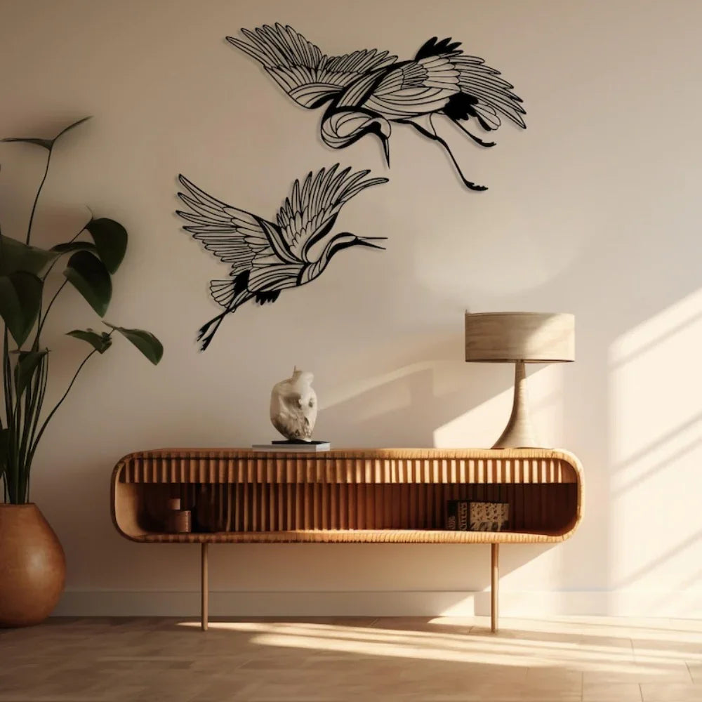 Metal Crane Wall Art Set of with Flying Birds Decor, back view - House Of Avana