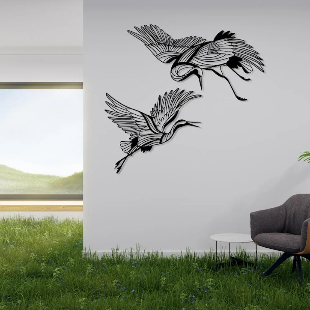 Metal Crane Wall Art Set of with Flying Birds Decor, detail shot - House Of Avana