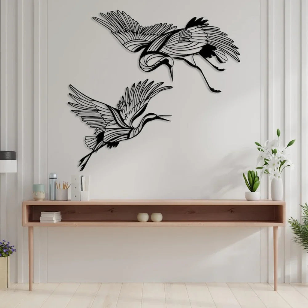 Metal Crane Wall Art Set of with Flying Birds Decor, front view - House Of Avana