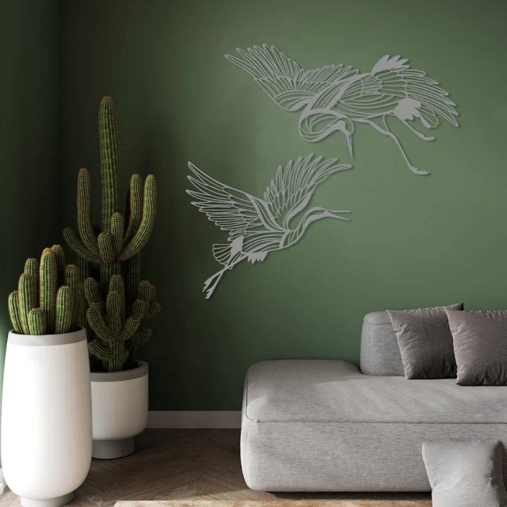 Metal Crane Wall Art Set of with Flying Birds Decor, lifestyle image - House Of Avana