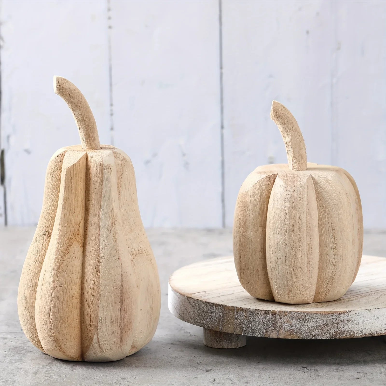 S Hand-carved Paulownia Wood Pumpkins - 6.5" & 4.5" Farmhouse Thanksgiving Decor, Natural Wood Grain... - House Of Avana