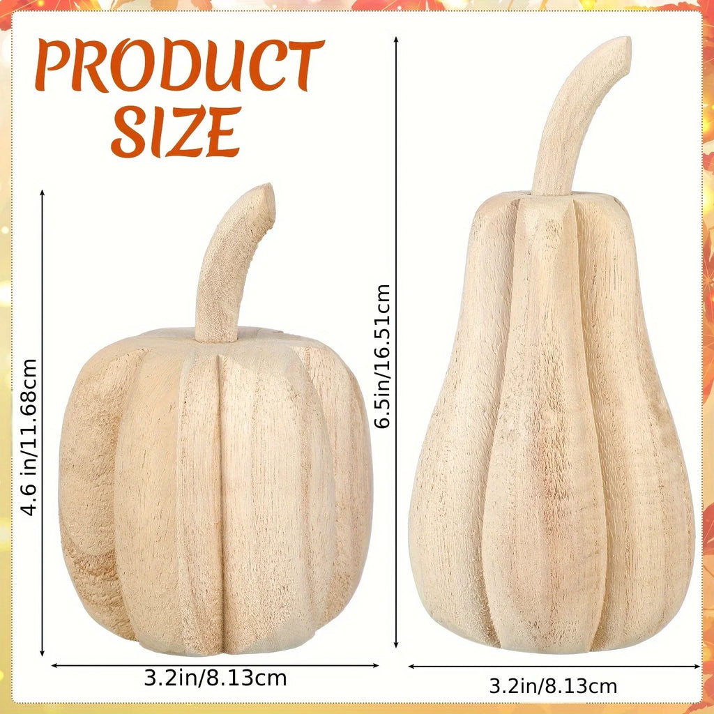 S Hand-carved Paulownia Wood Pumpkins - 6.5" & 4.5" Farmhouse Thanksgiving Decor, Natural Wood Grain... - House Of Avana