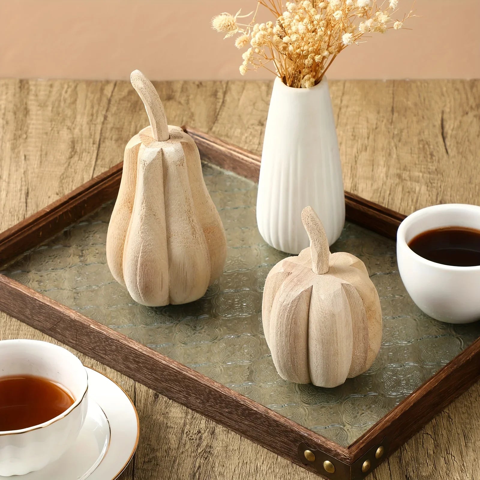 S Hand-carved Paulownia Wood Pumpkins - 6.5" & 4.5" Farmhouse Thanksgiving Decor, Natural Wood Grain... - House Of Avana