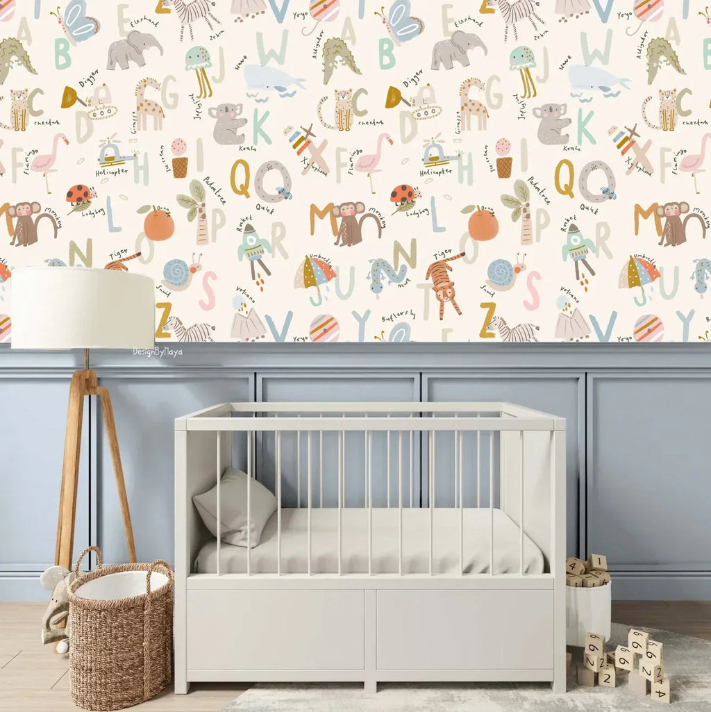 Alphabet Wallpaper - Nursery Wall Decor Wallpapers, front view - House Of Avana