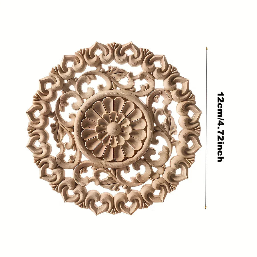 Round Wooden Onlays, 12cm/15cm/20cm/24cm Decorative Wood Appliques, Unpainted Carved Decals Center Decor... - House Of Avana