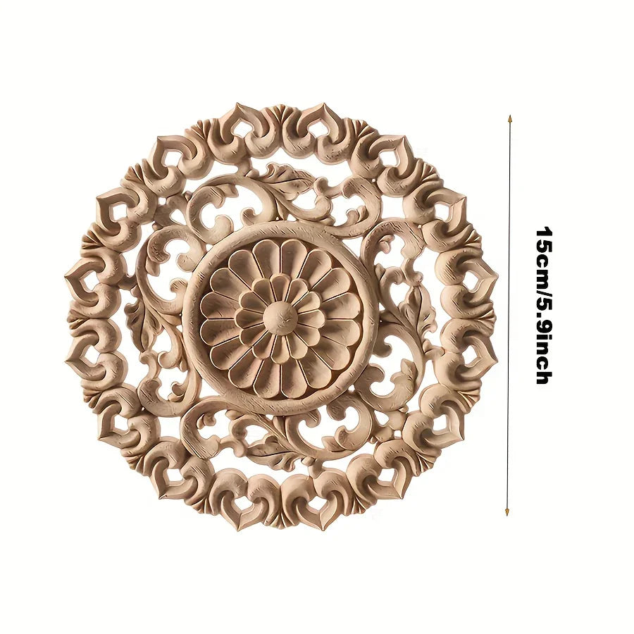 Round Wooden Onlays, 12cm/15cm/20cm/24cm Decorative Wood Appliques, Unpainted Carved Decals Center Decor... - House Of Avana