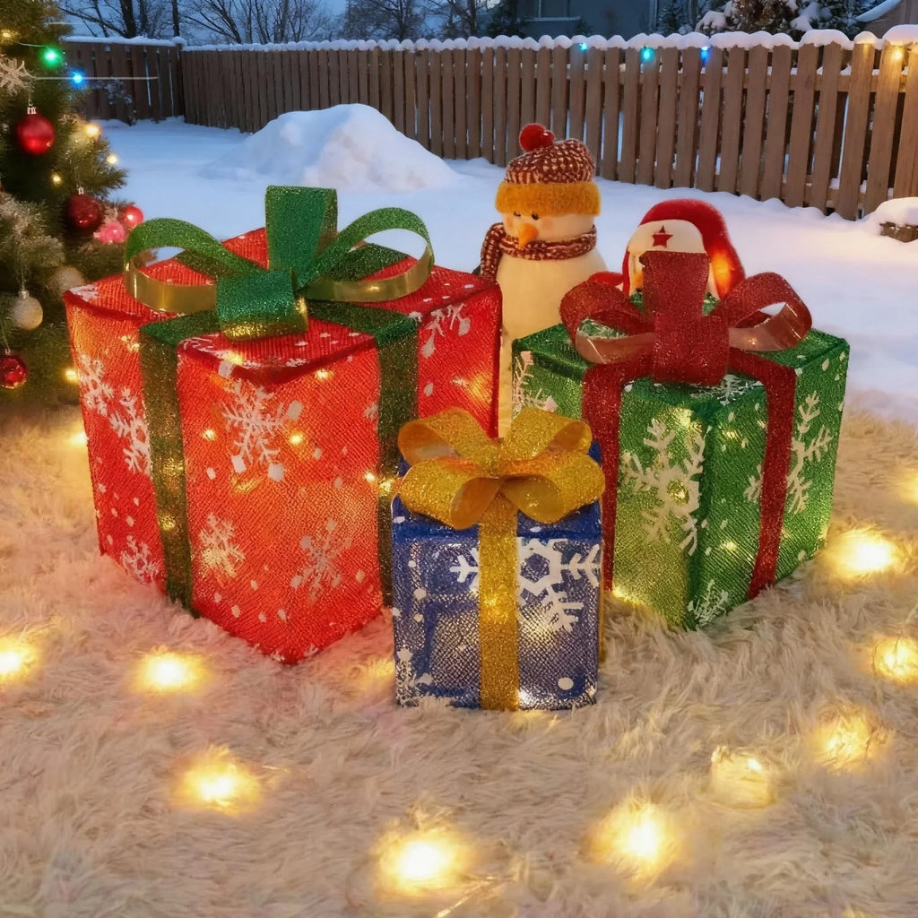 Decorative Wooden Set of Lighted Christmas Gift Boxes - House Of Avana