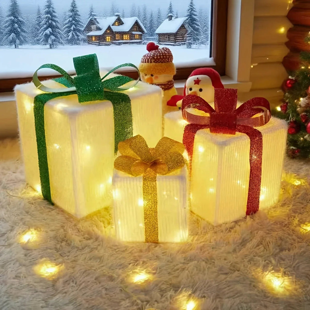 Decorative Wooden Set of Lighted Christmas Gift Boxes - House Of Avana [[SKU:HOA-XMS-401]]