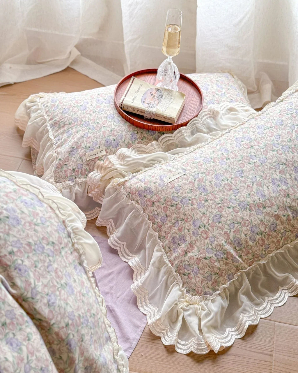 Delicate Floral Lace Ruffled Bedding Set / Pink Ever Lasting