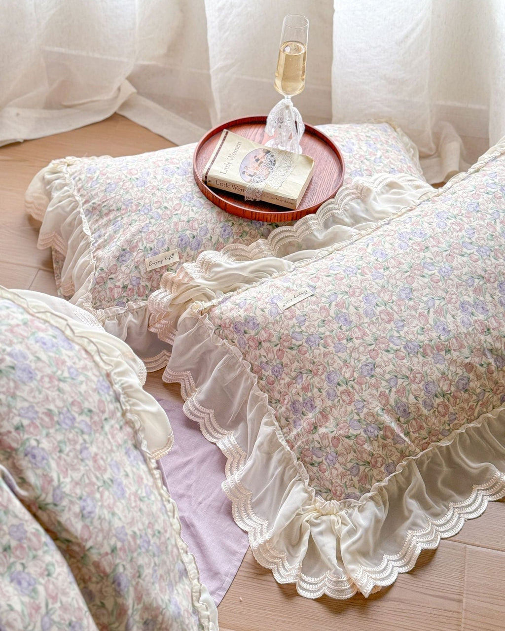 Delicate Floral Lace Ruffled Bedding Set / Purple Ever Lasting