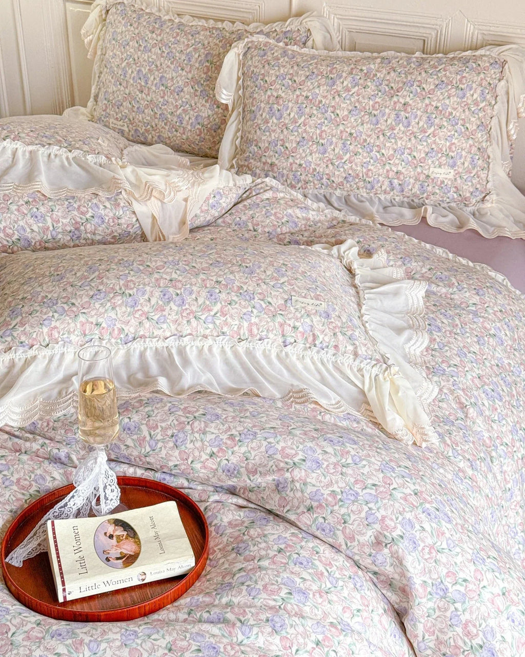 Delicate Floral Lace Ruffled Bedding Set / Pink Ever Lasting