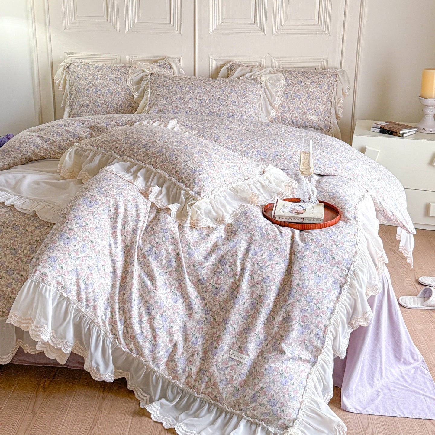 Delicate Floral Lace Ruffled Bedding Set / Purple Ever Lasting