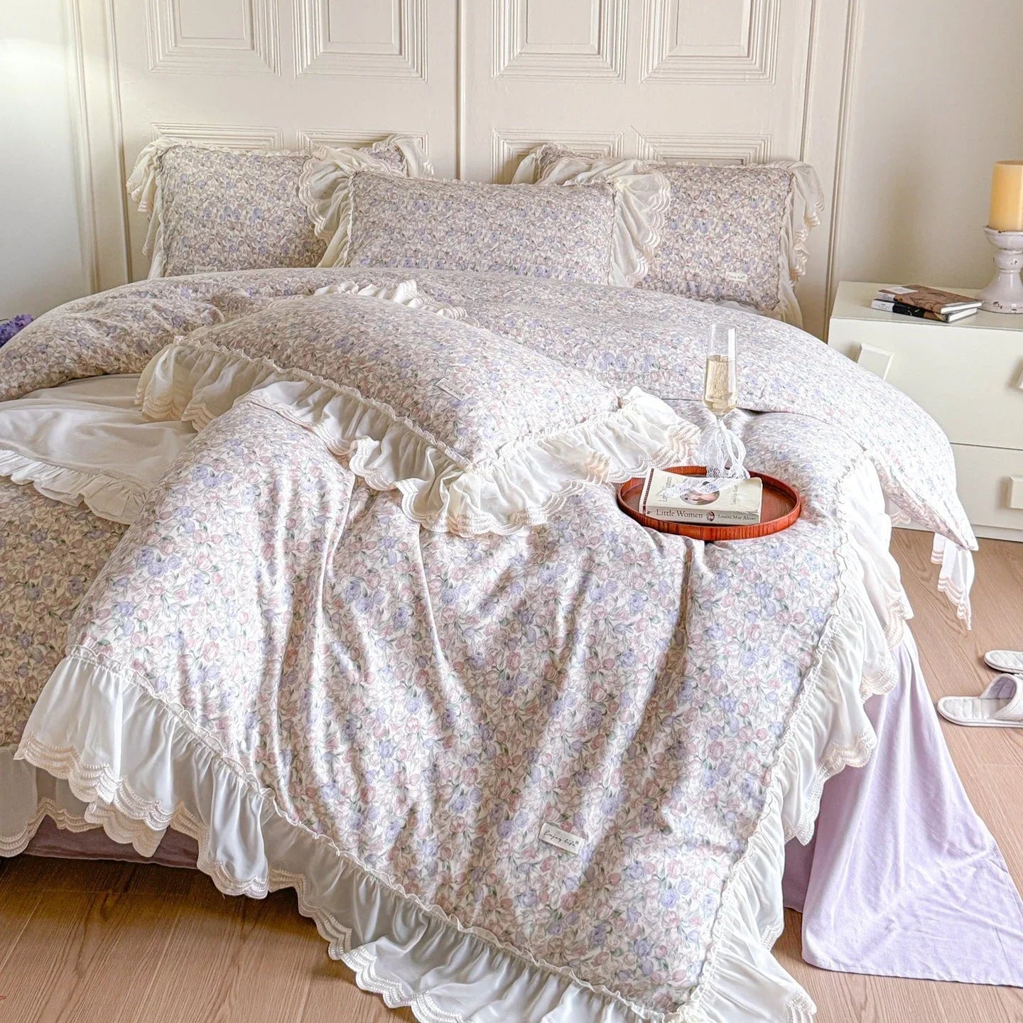 Delicate Floral Lace Ruffled Bedding Set / Pink Ever Lasting