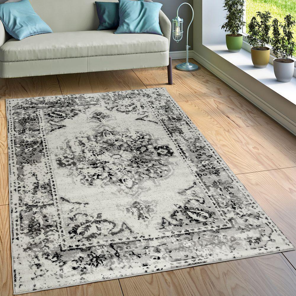 Designer Rug Short-Pile Living Room Vintage Look Modern In Grey Cream RugYourHome