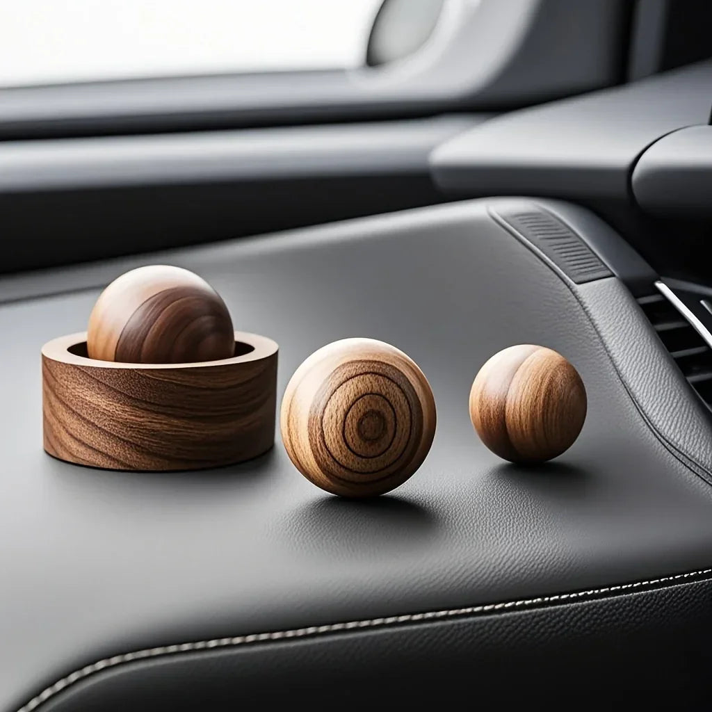 Wooden car accessories on a car dashboard