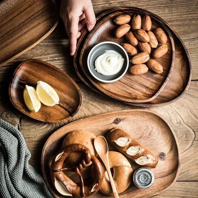 Solid Wood Round Dinner Plate Handmade High-quality Tableware for Sushi Tea and Dessert, front view - House Of Avana