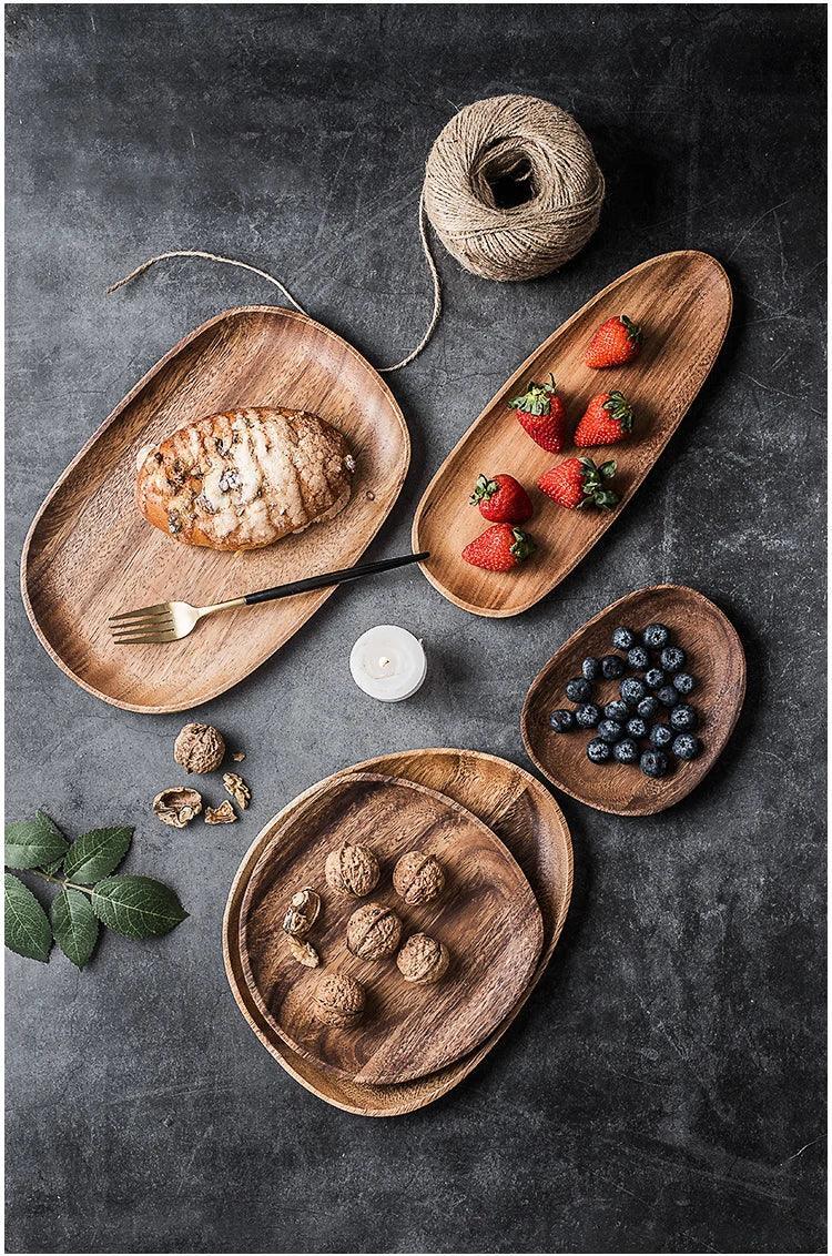 Solid Wood Round Dinner Plate Handmade High-quality Tableware for Sushi Tea and Dessert, in-use display - House Of Avana